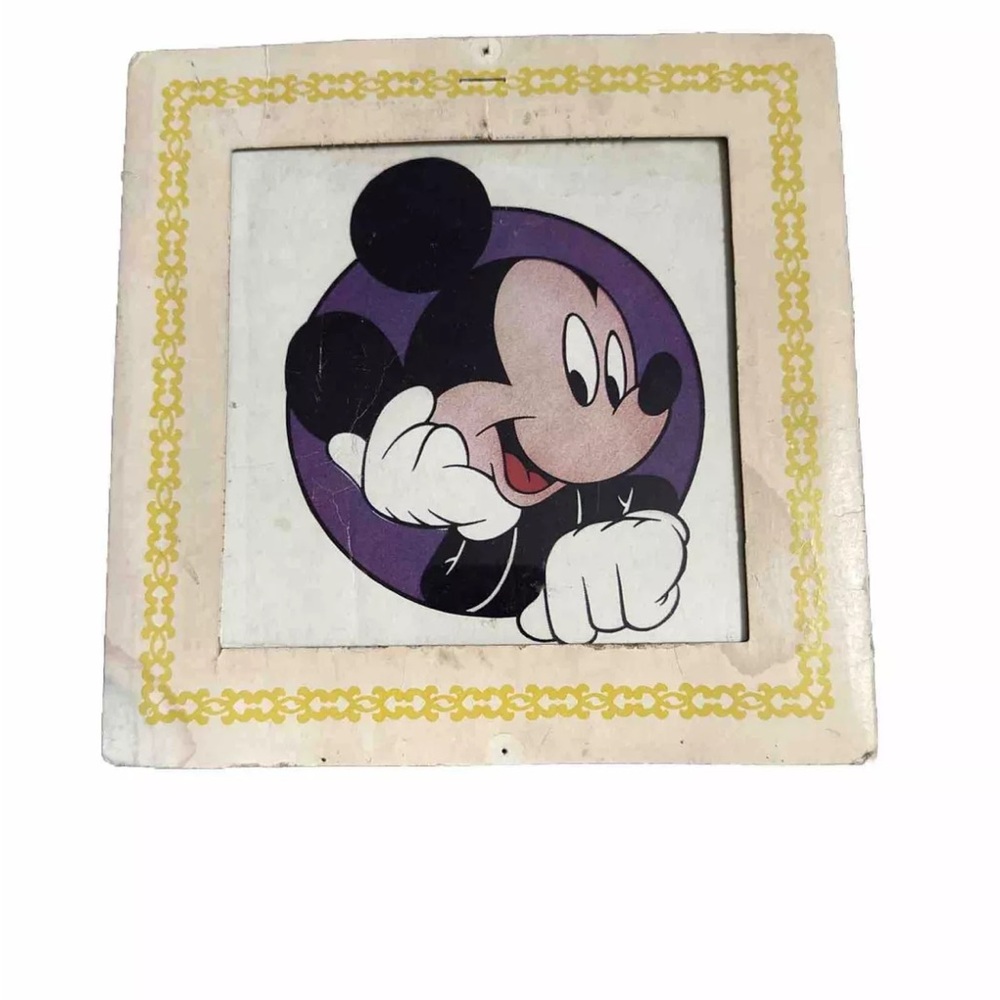 Vintage Mickey Mouse Carnival Fair Prize Picture Glass 8x8 Colorful